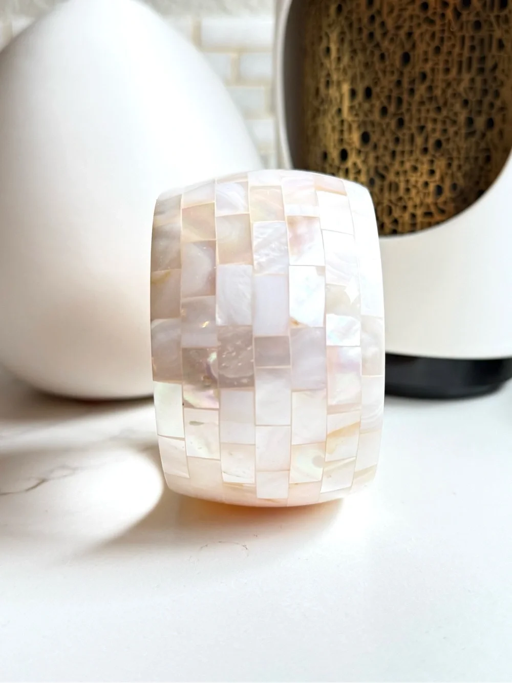 Vintage Chunky White Mother of Pearl Mosaic Wide Bangle Bracelet